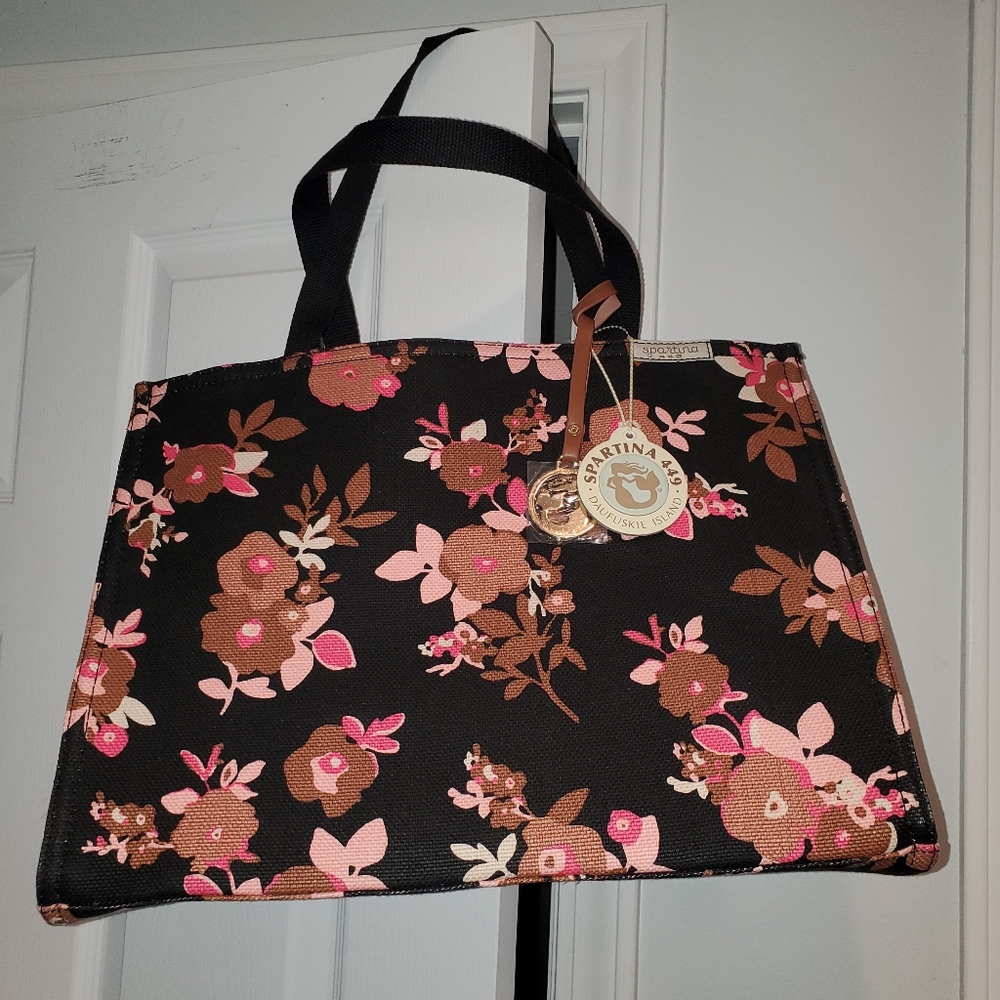 Spartina Tote Bag, Canvas, Black with Flowers, nwt and Handle Charm